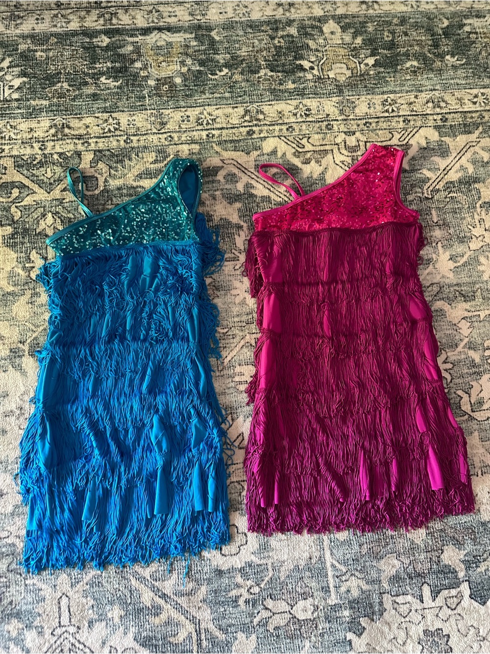 Duet Fringe Dance Costumes - Blue & Magenta